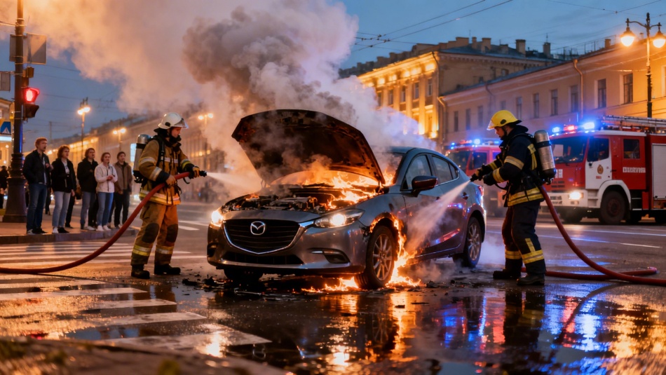 Mazda вспыхнула на перекрестке Большеохтинского и шоссе Революции в Петербурге