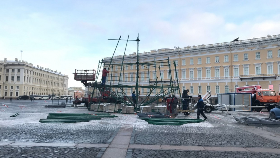 Главную новогоднюю ель Петербурга начали собирать на Дворцовой площади