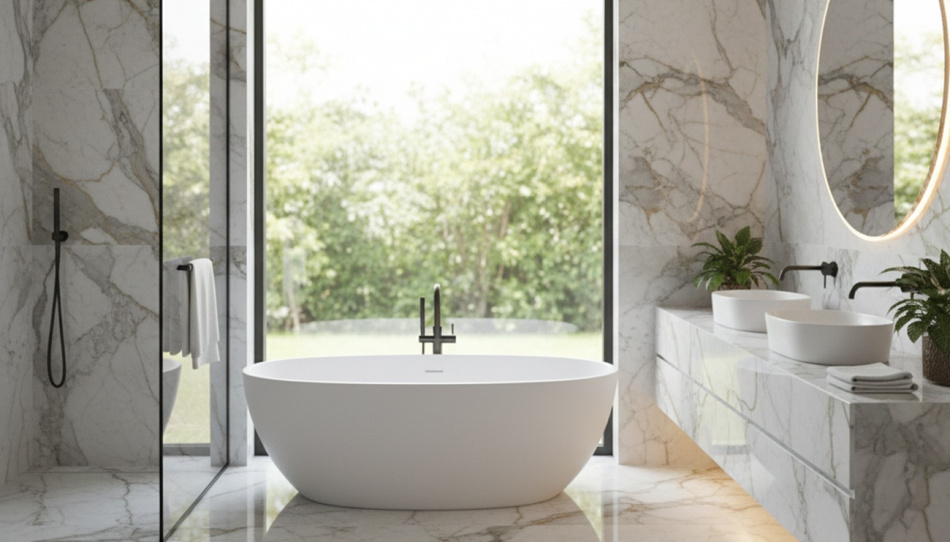 Крупноформатный керамогранит вытеснил плитку и штукатурку из ванных комнат