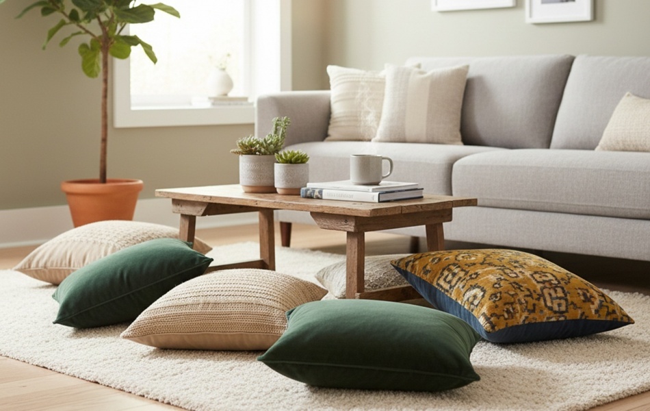 Как напольные подушки помогут разместить гостей в маленькой квартире