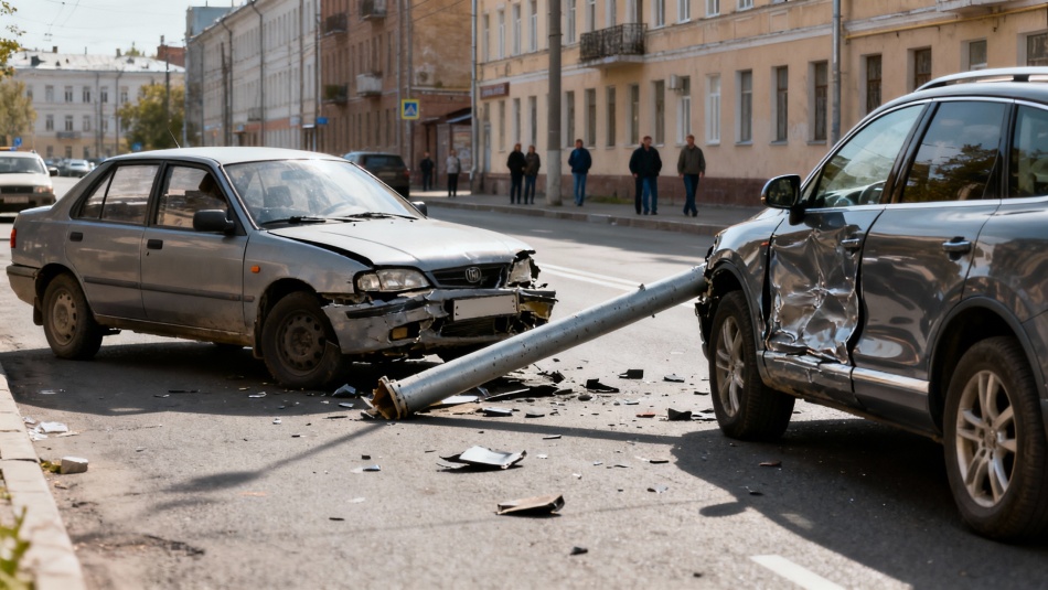 Два автомобиля столкнулись на Шоссе Революции и снесли столб