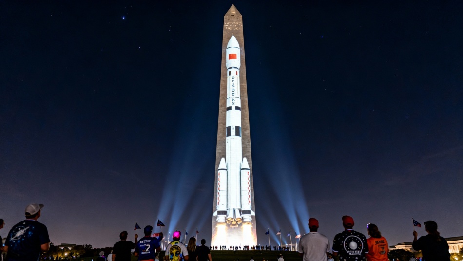 В Вашингтоне на монументе показали Сатурн V в честь старта Artemis 2