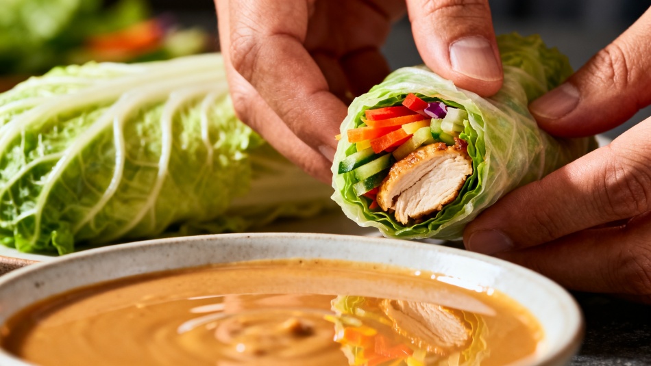 Рулетики из пекинской капусты с курицей и арахисовым соусом - быстрый рецепт