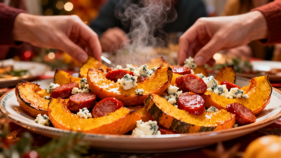 Как приготовить теплый салат с хрустящей тыквой и колбасой за 25 минут