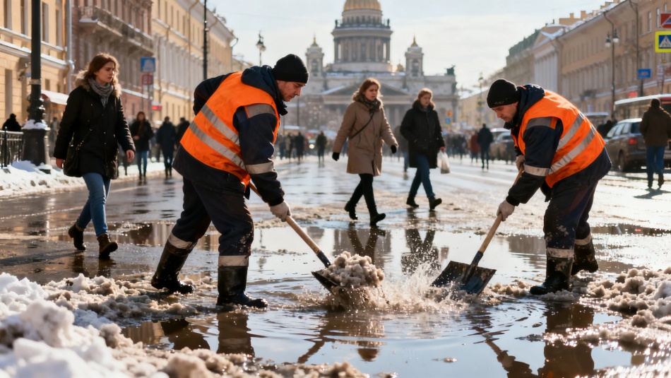 Дорожные службы Петербурга борются с последствиями метели и внезапных луж