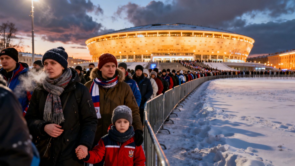 Трехкилометровая очередь у Ледового: фанаты СКА застряли на морозе перед матчем
