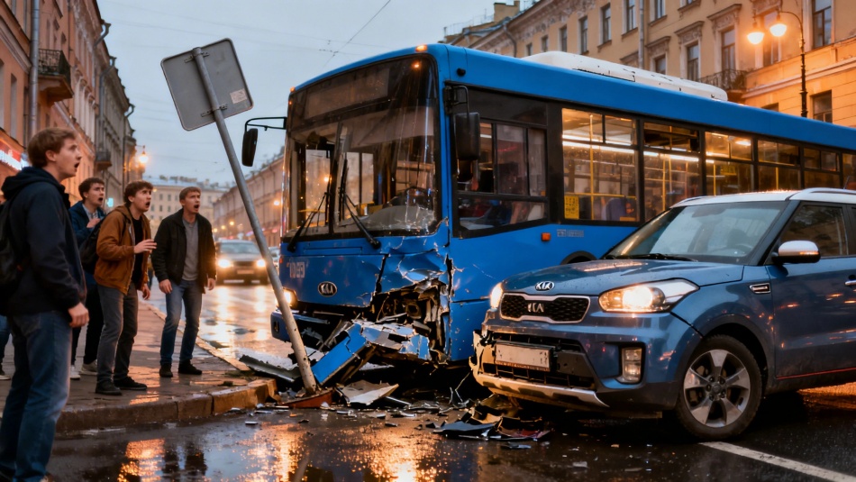 Автобус «Лазурный» протаранил знак и повредил Kia на Хасанской улице