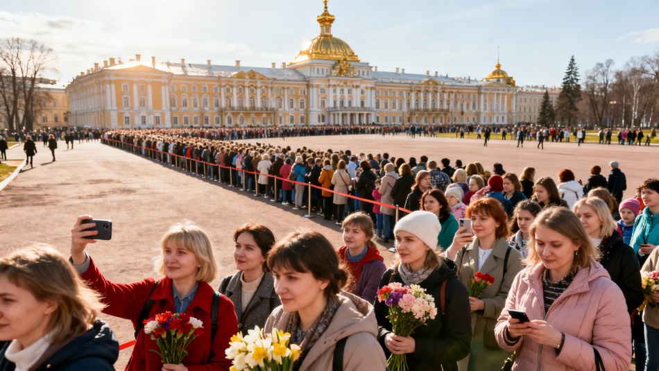В Петергофе выстроилась гигантская очередь в Большой дворец на бесплатный вход