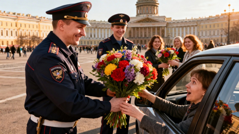 Петербургские полицейские поздравили женщин с 8 Марта на улицах города