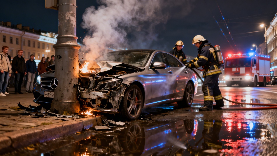 Владелец Mercedes на скорости протаранил столб на Кушелевской дороге Петербурга