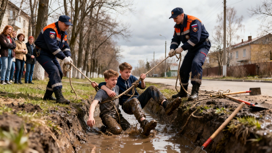 В Мурино спасатели вытащили двух подростков из грязевой ловушки на улице Романовской