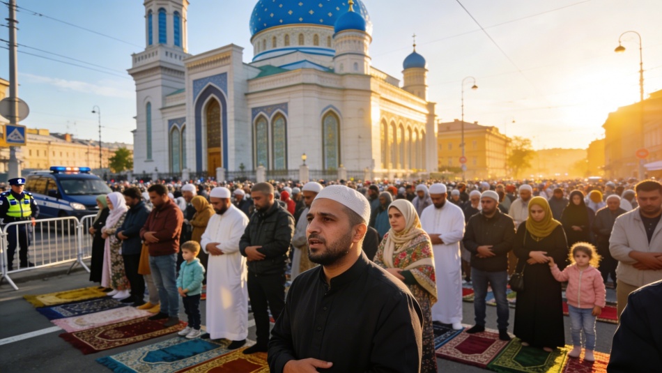 Тысячи мусульман собрались у Соборной мечети Петербурга на Ураза-байрам
