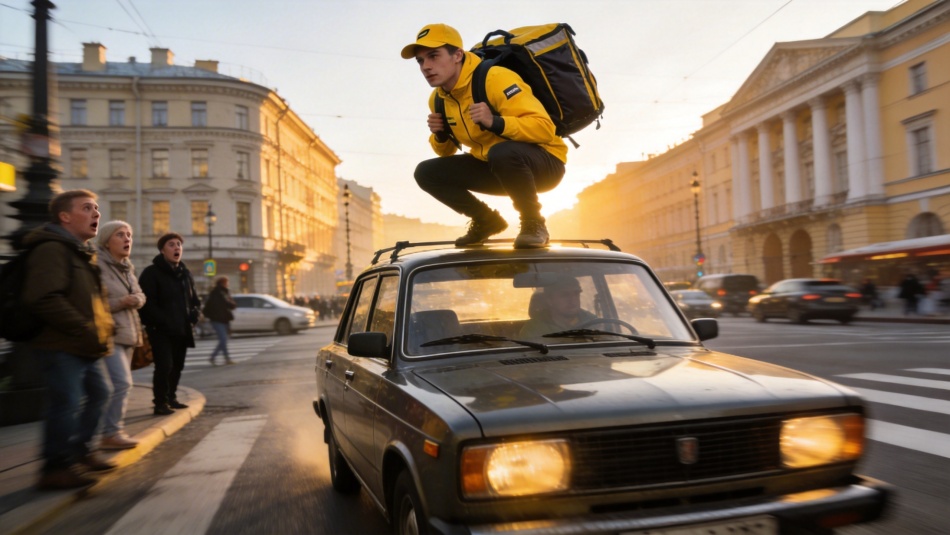 Курьер Яндекса проехал на крыше Жигулей на Васильевском острове