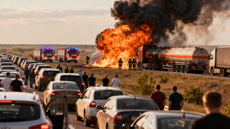 Пожар на проспекте Ветеранов: движение парализовано из-за загоревшегося КамАЗа