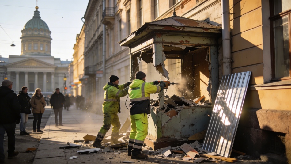 В центре Петербурга демонтируют незаконную пристройку бывшего кафе на Казанской
