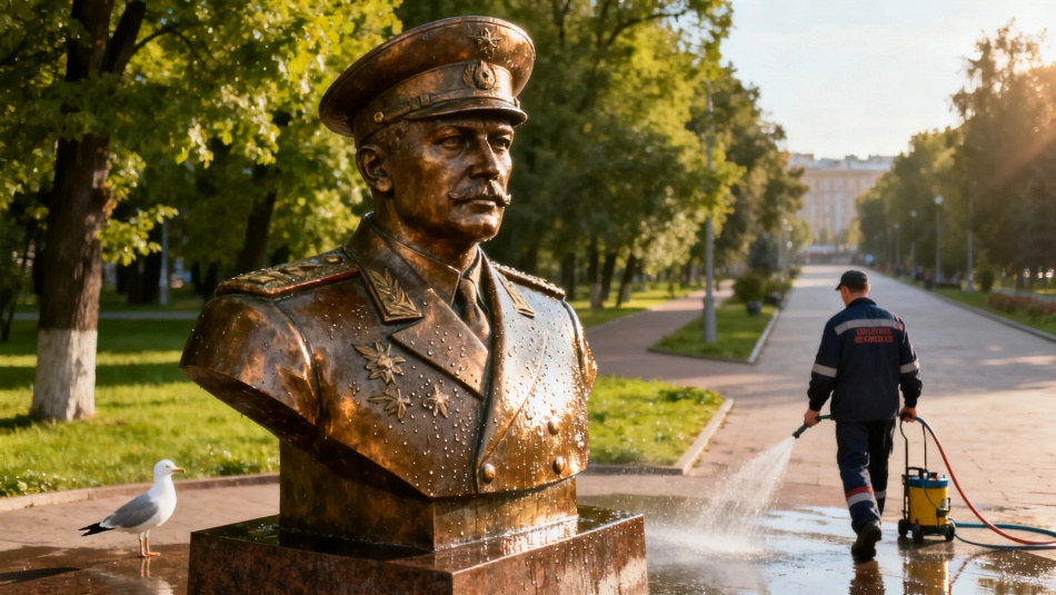 Памятник Жукову в Московском парке Победы тщательно очистили к 9 Мая