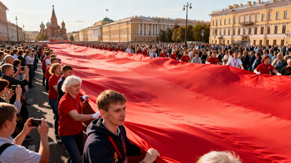 На Невском проспекте развернули гигантское Знамя Победы ко Дню Победы