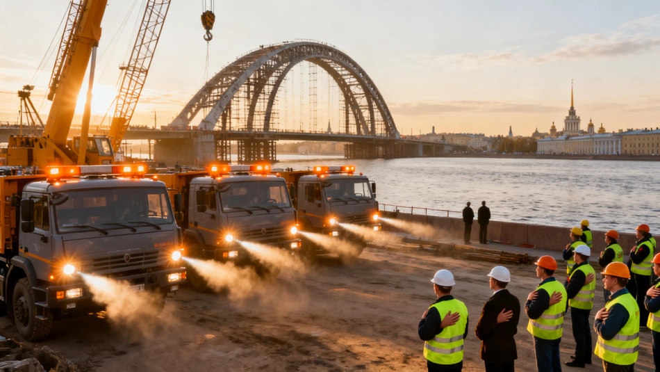 Строители на Большом Смоленском мосту поддержали «Гудок Победы» в Петербурге