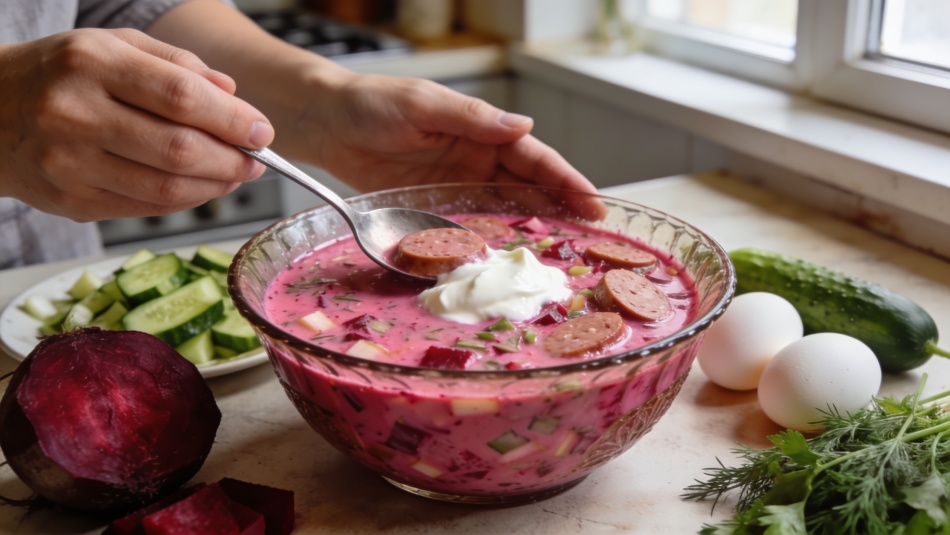 Свекольник с колбасой: летний суп, который удивляет цветом и вкусом