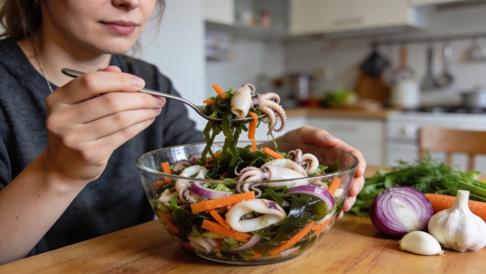 Летний салат с кальмарами и морской капустой: простой рецепт без майонеза