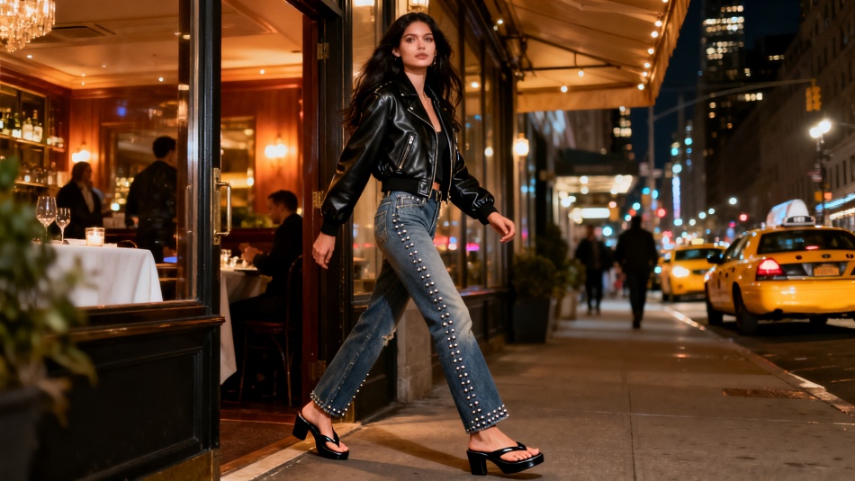 Кайли Дженнер вернула моду на джинсы с заклёпками и босоножки на каблуке в Нью-Йорке