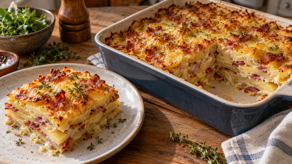 Картофельная запеканка с беконом готовится без варки и жарки
