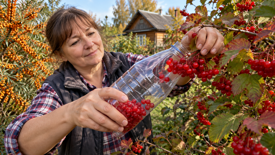 Пластиковая бутылка ускоряет сбор калины и облепихи на даче