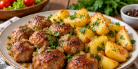 Мясные шарики с картошкой готовятся в одной сковороде