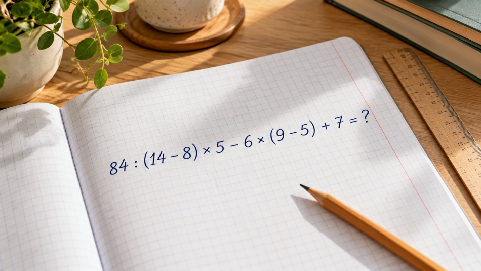 Помните порядок действий? Проверьте себя: 84 : (14 − 8) × 5 − 6 × (9 − 5) + 7 = ?