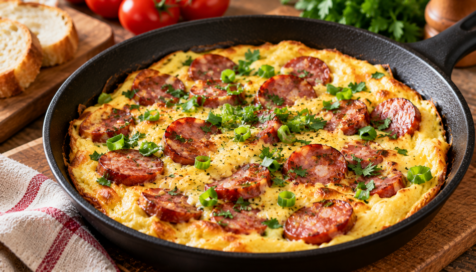 Омлет-рулет с краковской колбасой и сыром: сытный завтрак за несколько минут