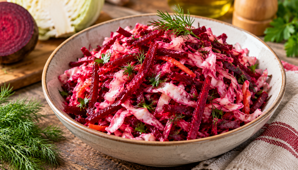 Вкусное дополнение к любому ужину: как приготовить салат из свеклы с капустой и орехами