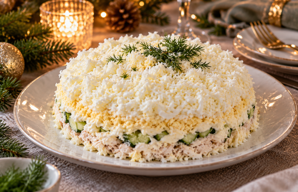 Салат «Невеста» на Новый год: нежная закуска с курицей и свежим огурцом