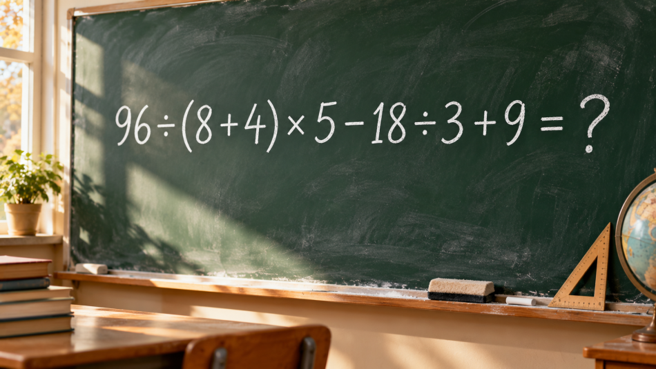 96 ÷ (8 + 4) × 5 − 18 ÷ 3 + 9 = ? Кажется простым, пока не начинаешь считать