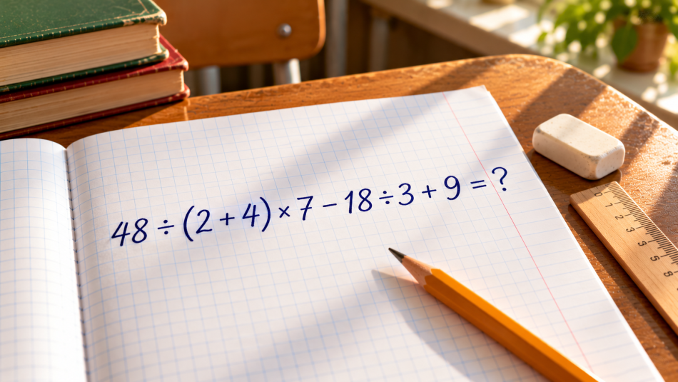 48 ÷ (2 + 4) × 7 − 18 ÷ 3 + 9 = ? Одно забытое правило меняет весь ответ